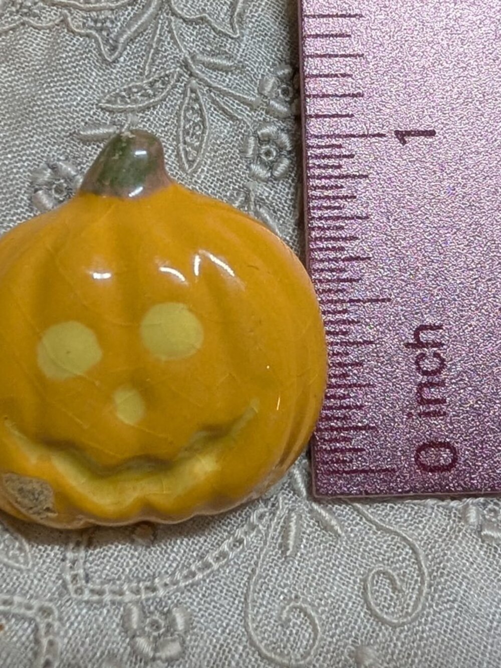 Vintage Ceramic Jack O Lantern Pumpkin Brooch Pin Halloween Glazed Orange - Picture 3 of 4
